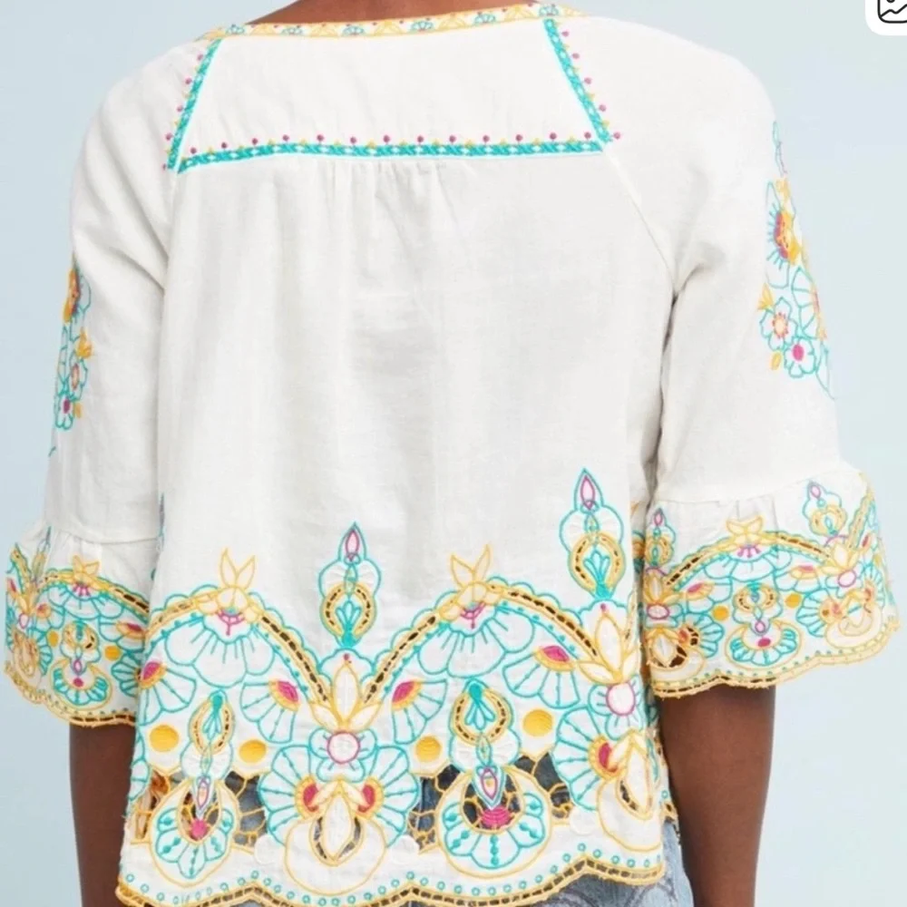 Anthropologie White Embroidered Peasant Tunic with Yellow & Turquoise Accents - Picture 2 of 5